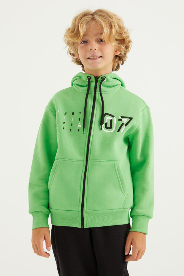 Neon Yeşil Yazı Nakışlı Kapüşonlu Standart Kalıp Fermuarlı Erkek Çocuk Sweatshirt - 11019