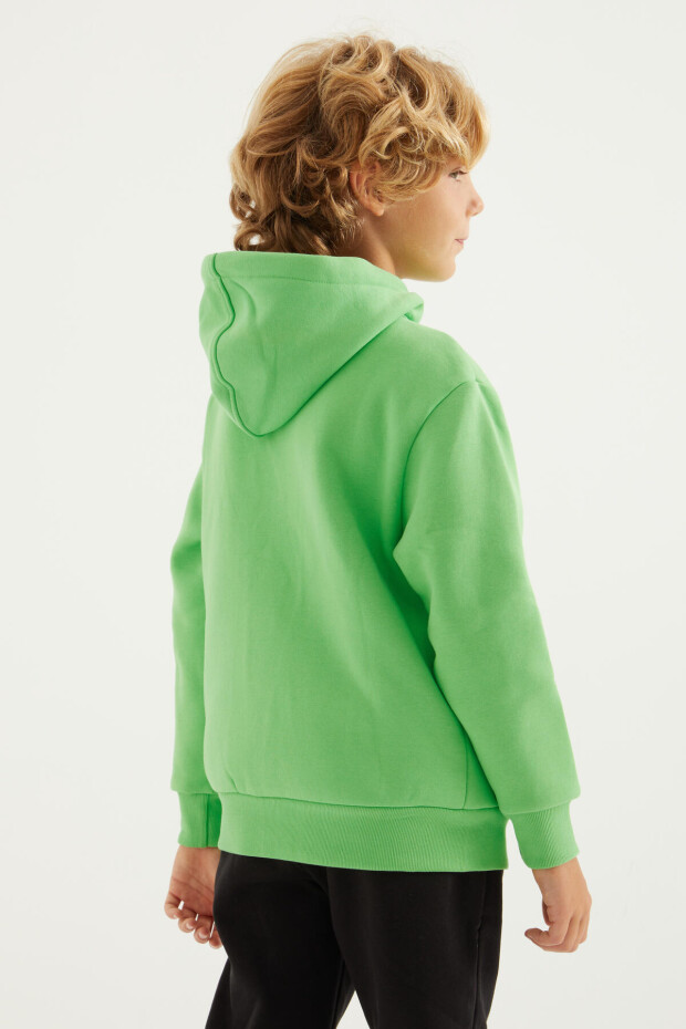 Neon Yeşil Yazı Nakışlı Kapüşonlu Standart Kalıp Fermuarlı Erkek Çocuk Sweatshirt - 11019