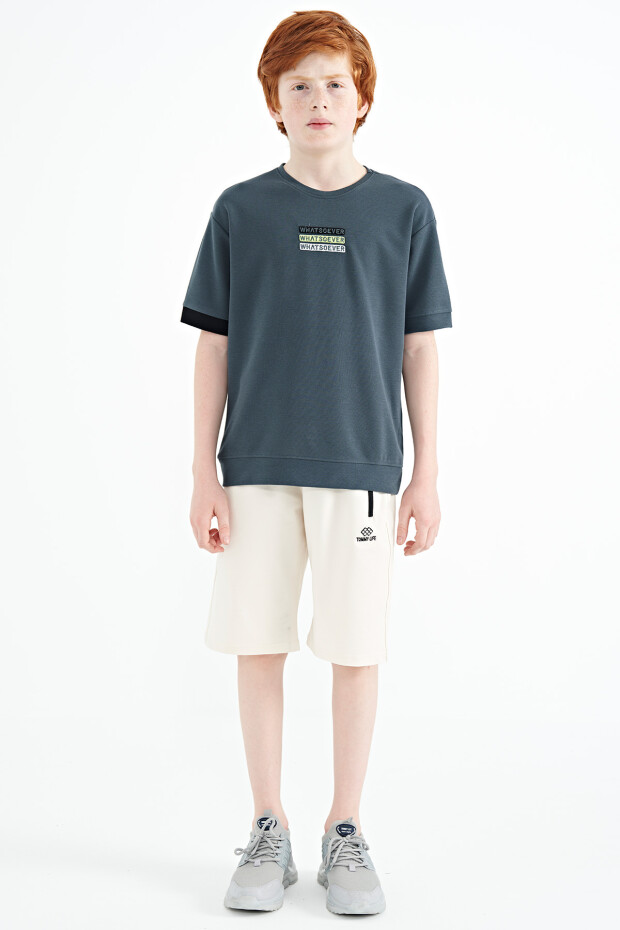 Orman Yeşili Yazı Nakışlı O Yaka Oversize Erkek Çocuk T-Shirt - 11146