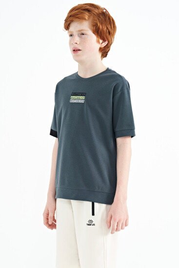 Orman Yeşili Yazı Nakışlı O Yaka Oversize Erkek Çocuk T-Shirt - 11146 - Thumbnail