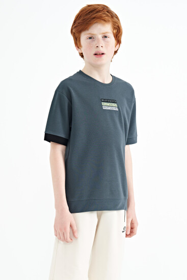 Orman Yeşili Yazı Nakışlı O Yaka Oversize Erkek Çocuk T-Shirt - 11146 - Thumbnail