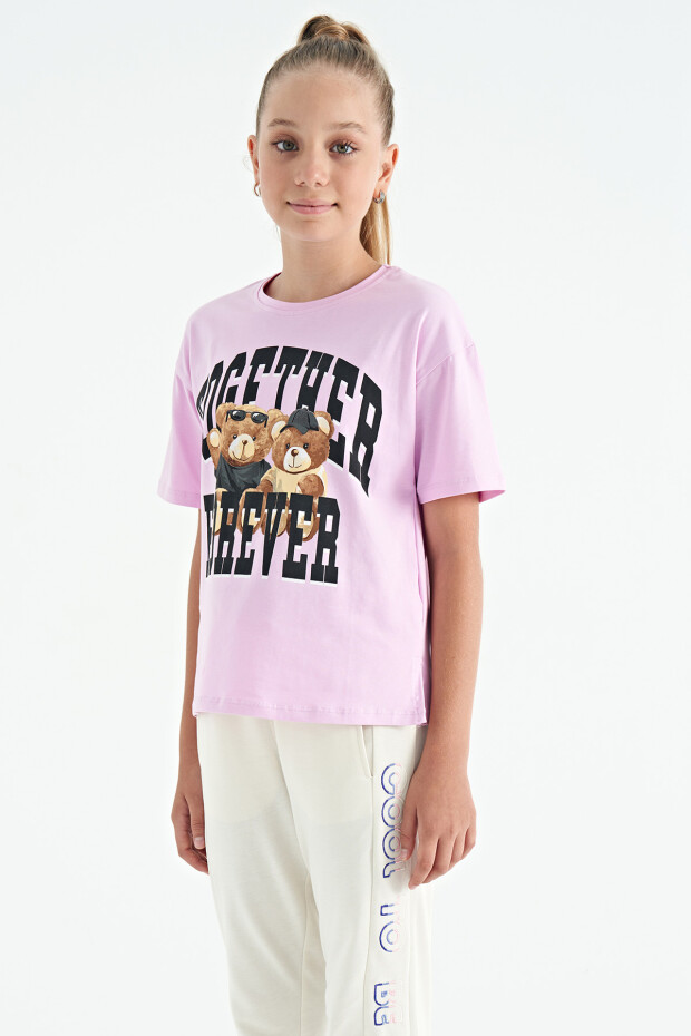 Pembe Ayıcık Baskılı O Yaka Oversize Kısa Kol Kız Çocuk T-Shirt - 75116