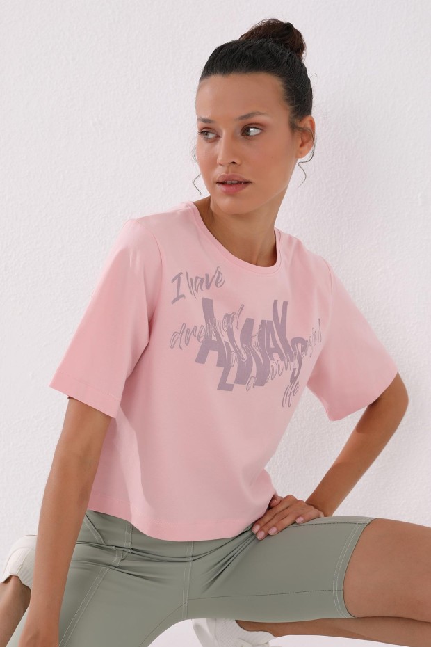 Pembe Asimetrik Yazı Baskılı O Yaka Kadın Oversize T-Shirt - 97136