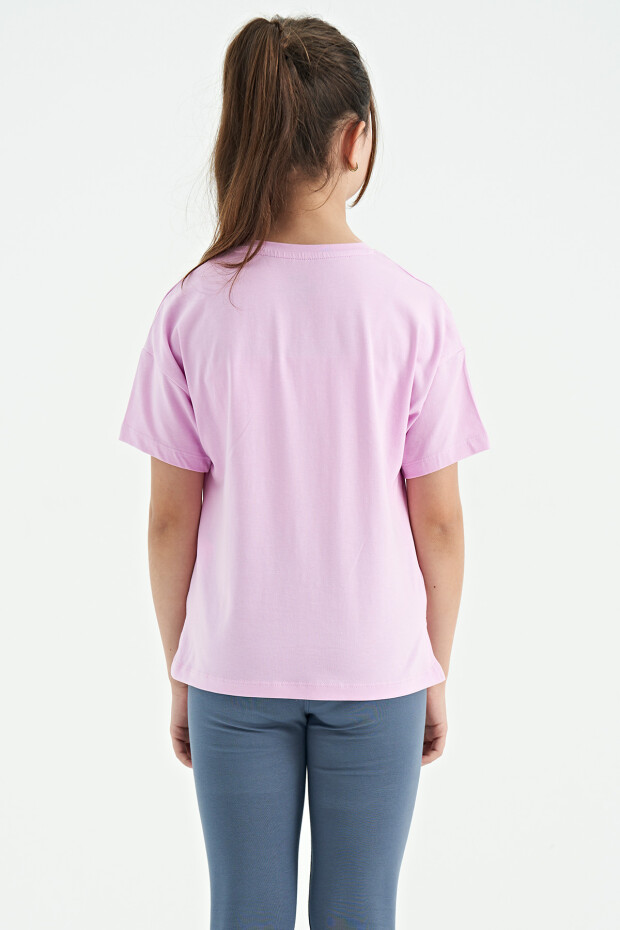 Pembe O Yaka Yazı Baskılı Düşük Omuz Oversize Kız Çocuk T-Shirt - 75115