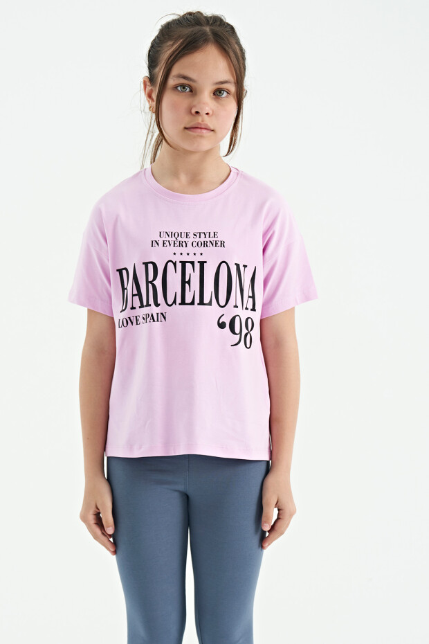 Pembe O Yaka Yazı Baskılı Düşük Omuz Oversize Kız Çocuk T-Shirt - 75115