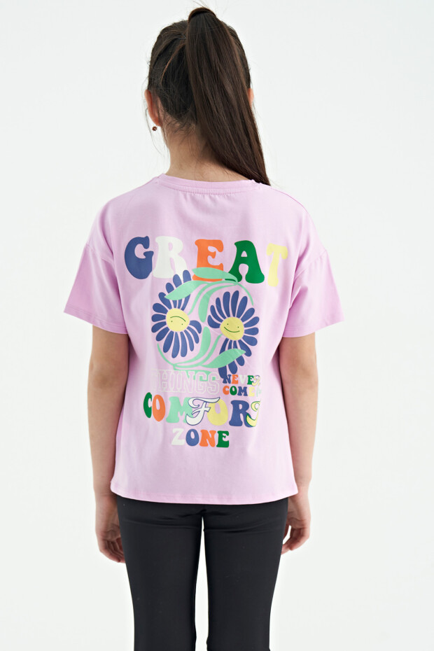 Pembe Ön Arka Çok Renkli Baskılı Oversize Kısa Kollu Kız Çocuk T-Shirt - 75117