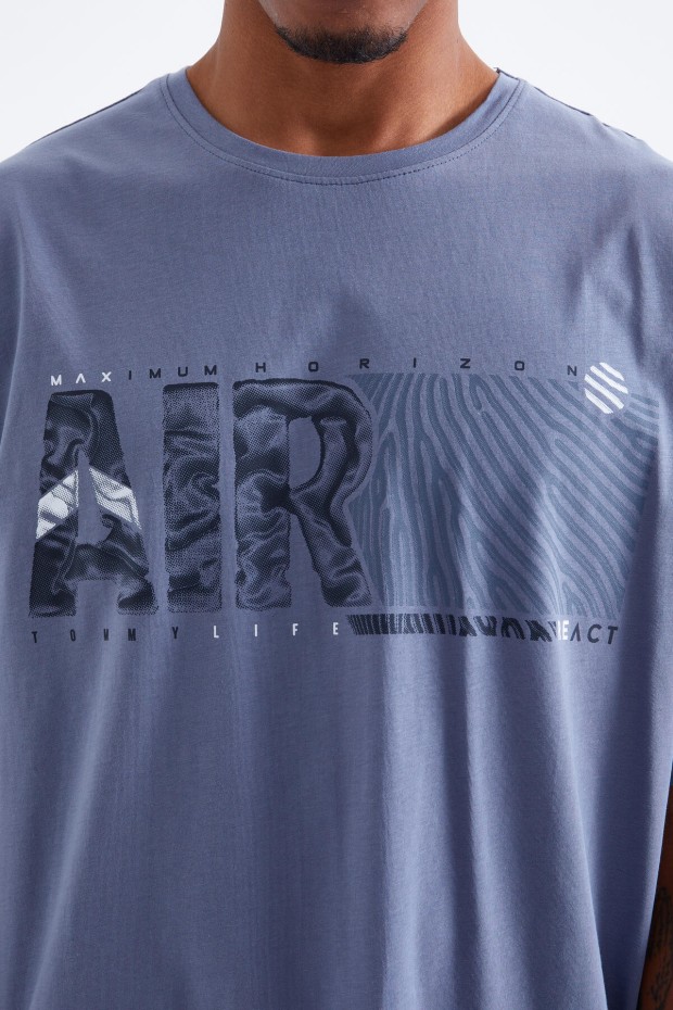 Petrol Air Baskılı O Yaka Erkek Oversize T-Shirt - 88097