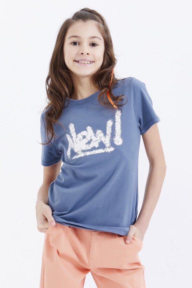 Petrol Basic Yazı Baskılı O Yaka Rahat Form Kız Çocuk T-Shirt - 75041