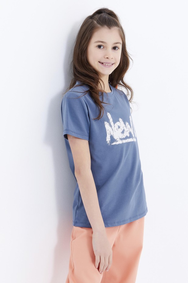 Petrol Basic Yazı Baskılı O Yaka Rahat Form Kız Çocuk T-Shirt - 75041