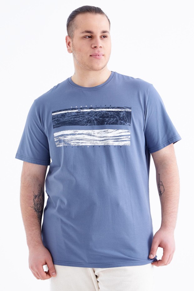 Petrol Baskılı O Yaka Büyük Beden Erkek T-shirt - 88073
