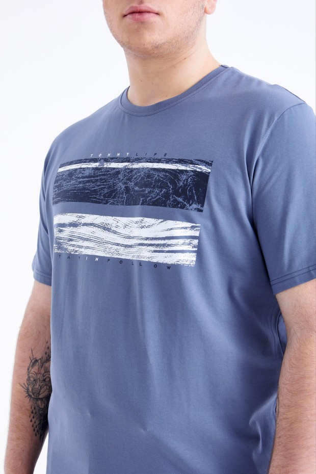 Petrol Baskılı O Yaka Büyük Beden Erkek T-shirt - 88073