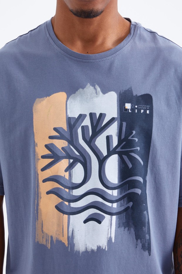 Petrol Büyük Baskılı O Yaka Erkek Oversize T-Shirt - 88095