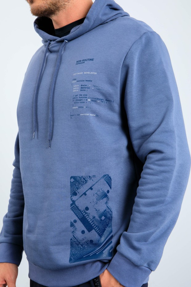 Petrol Desen Baskılı Kapüşonlu Rahat Form Erkek Sweatshirt - 88018