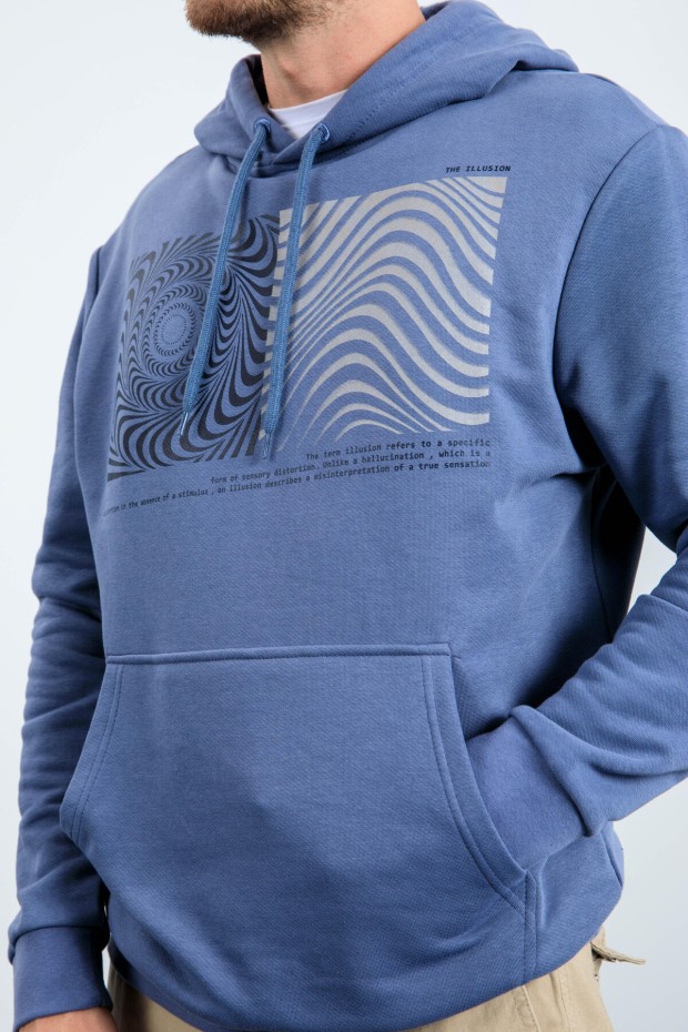 Petrol Desen Baskılı Kapüşonlu Rahat Form Erkek Sweatshirt - 88030