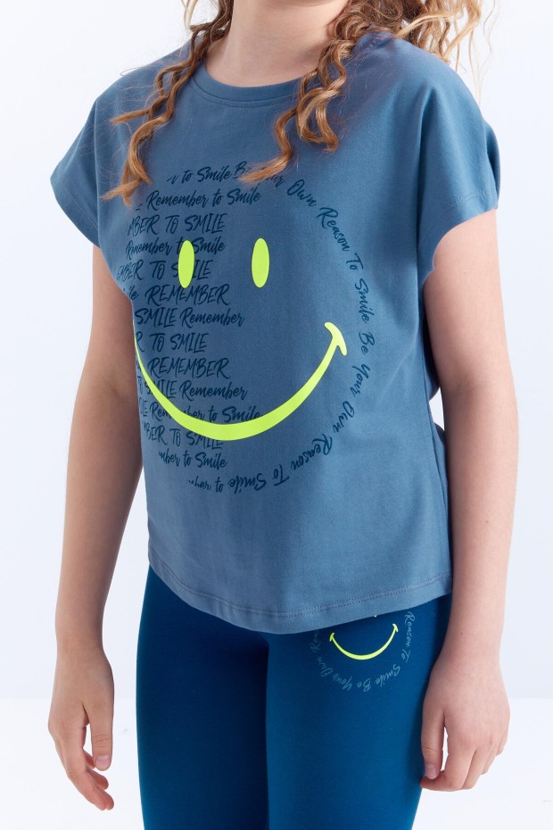 Petrol - İndigo Emoji Baskılı Kısa Kollu O Yaka Kız Çocuk Tayt Takım - 75062