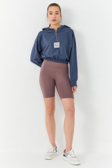 Petrol Beli Büzgülü Kapüşonlu Yarım Fermuarlı Rahat Form Kadın Crop Top Sweatshirt - 97155 - Thumbnail