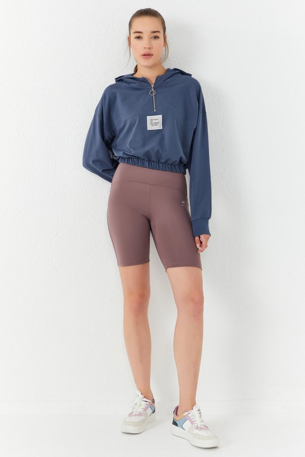 Petrol Beli Büzgülü Kapüşonlu Yarım Fermuarlı Rahat Form Kadın Crop Top Sweatshirt - 97155