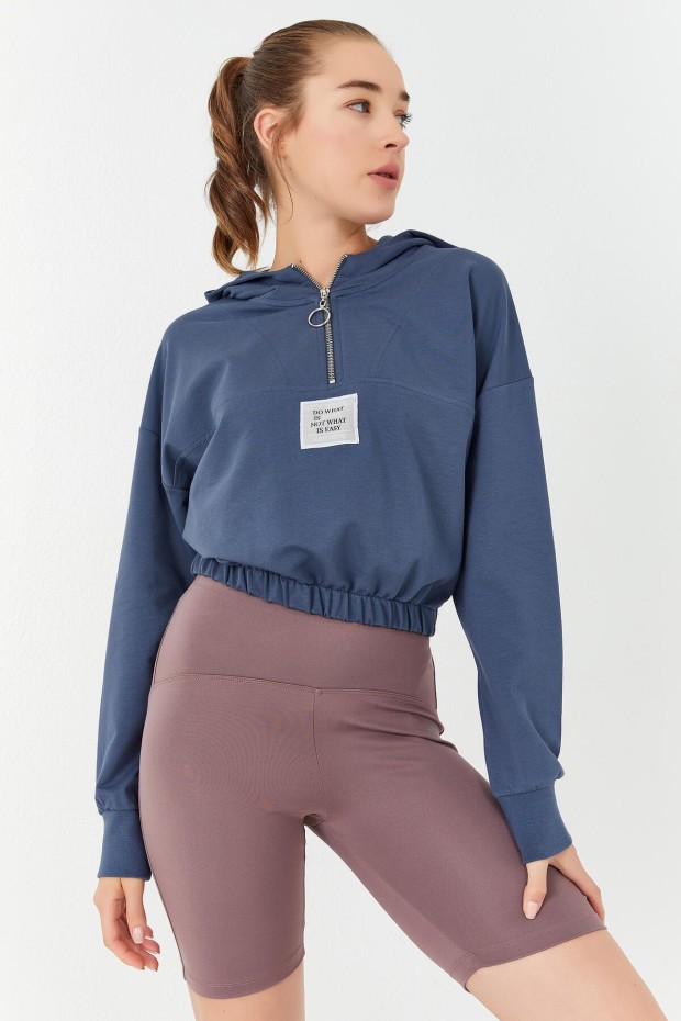 Petrol Beli Büzgülü Kapüşonlu Yarım Fermuarlı Rahat Form Kadın Crop Top Sweatshirt - 97155