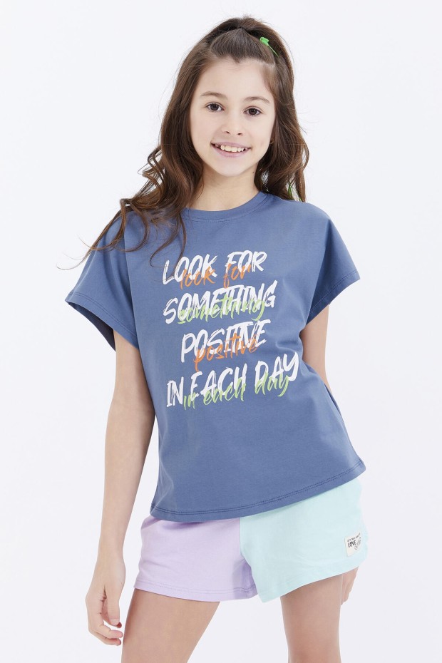 TommyLife - Petrol Oversize Renkli Yazı Baskılı O Yaka Kız Çocuk T-Shirt - 75029