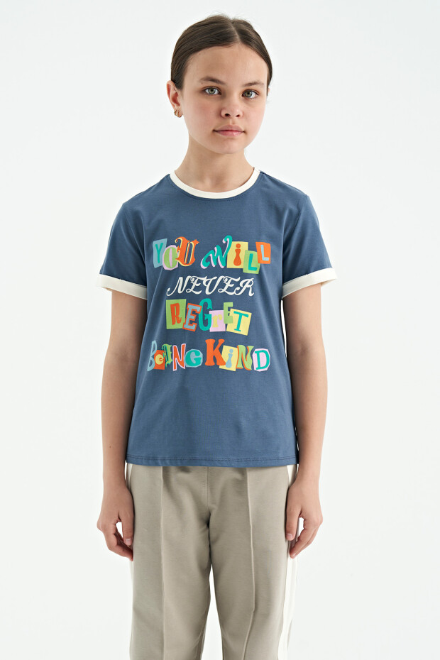 Petrol Renkli Yazı Detaylı O Yaka Rahat Form Kız Çocuk T-Shirt - 75109