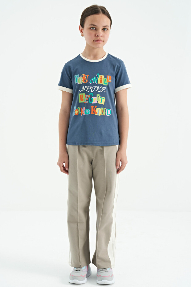 Petrol Renkli Yazı Detaylı O Yaka Rahat Form Kız Çocuk T-Shirt - 75109