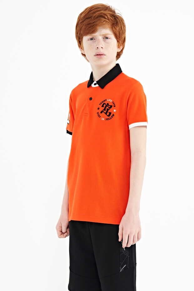 Portakal Kol Gögüs Nakış Detaylı Standart Kalıp Polo Yaka Erkek Çocuk T-Shirt - 11086