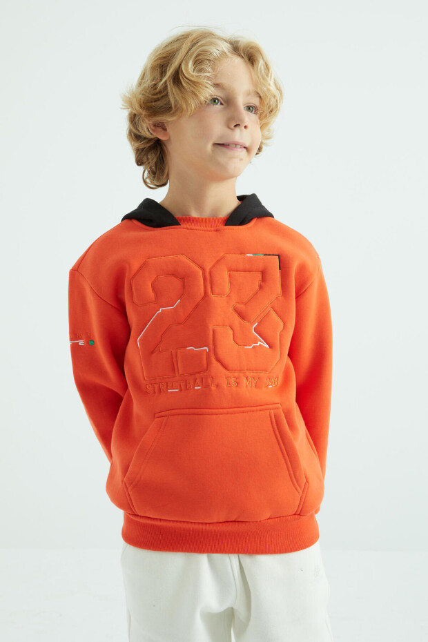 Portakal Yazı Ve Omuz Nakışlı Kapüşonlu Standart Kalıp Erkek Çocuk Sweatshirt - 11027