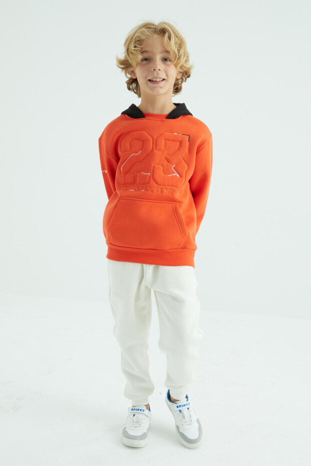 Portakal Yazı Ve Omuz Nakışlı Kapüşonlu Standart Kalıp Erkek Çocuk Sweatshirt - 11027