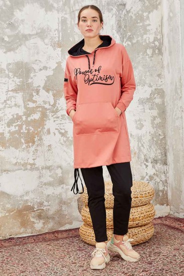 TommyLife - Pudra - Siyah Kapüşonlu Kanguru Cep Rahat Form Dar Paça Kadın Eşofman Tunik Takım - 95238