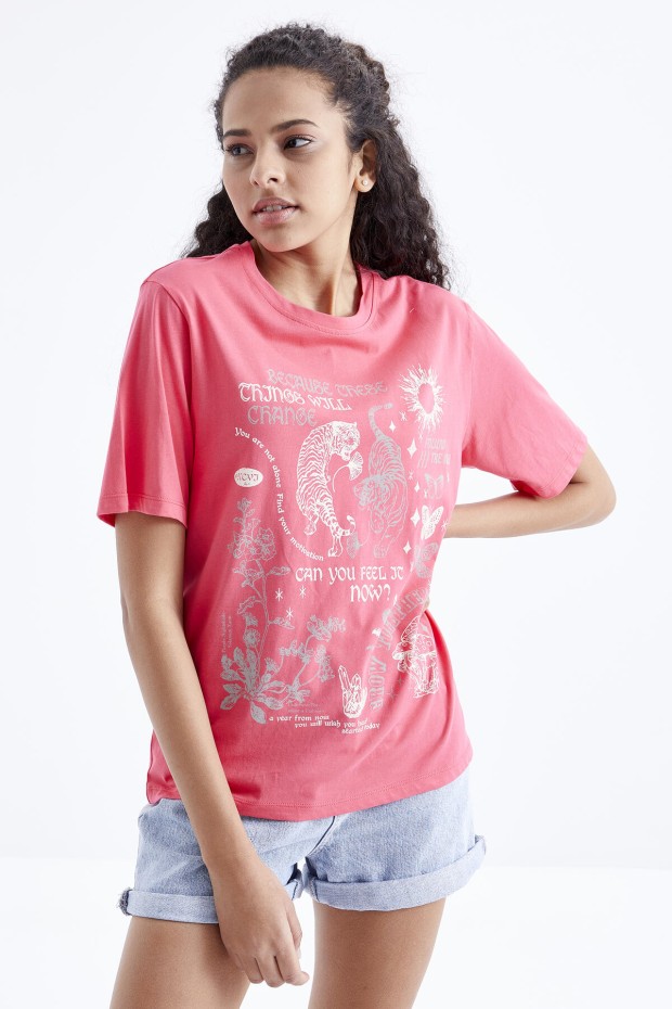 Rose Baskılı O Yaka Oversize Kadın T-Shirt - 97210