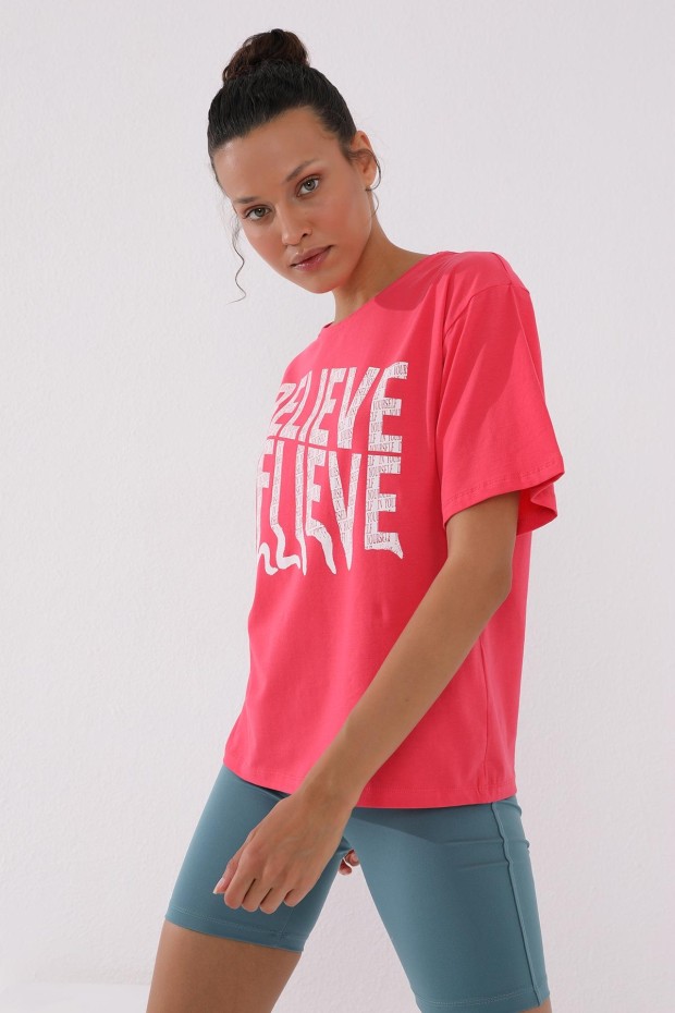 Rose Deforme Yazı Baskılı O Yaka Oversize Kadın T-Shirt - 97139