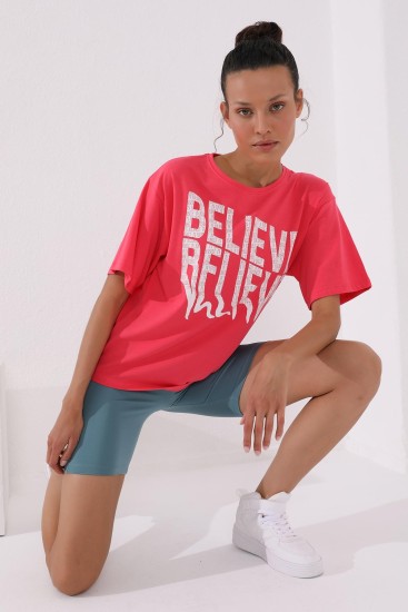 Rose Deforme Yazı Baskılı O Yaka Oversize Kadın T-Shirt - 97139 - Thumbnail