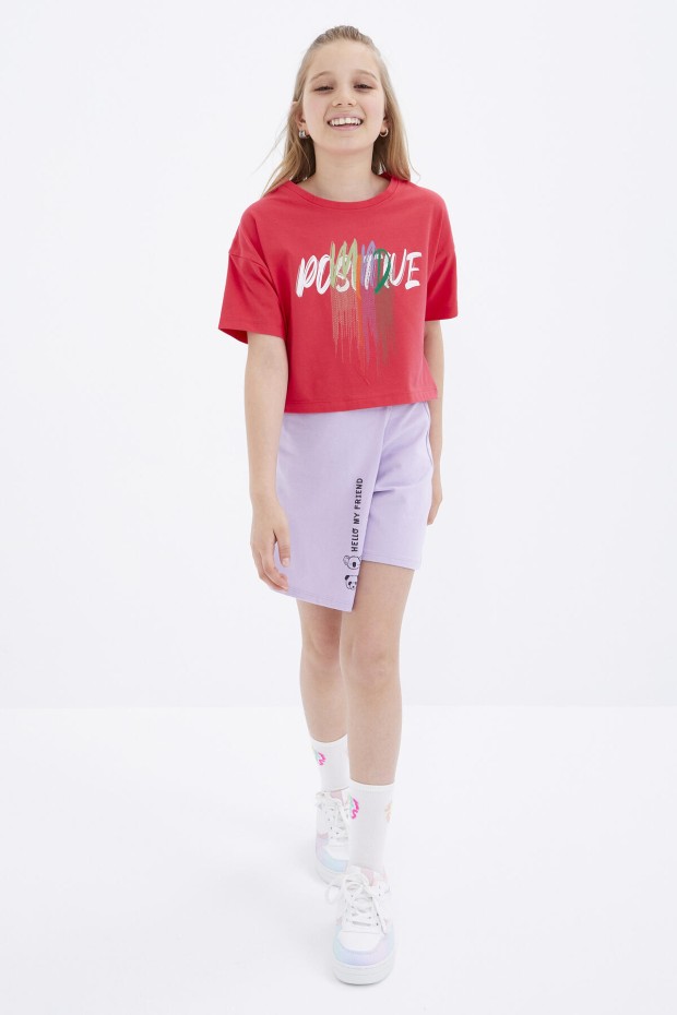 Rose Renkli Yazı Baskılı O Yaka Oversize Düşük Omuz Kız Çocuk Crop T-Shirt - 75036