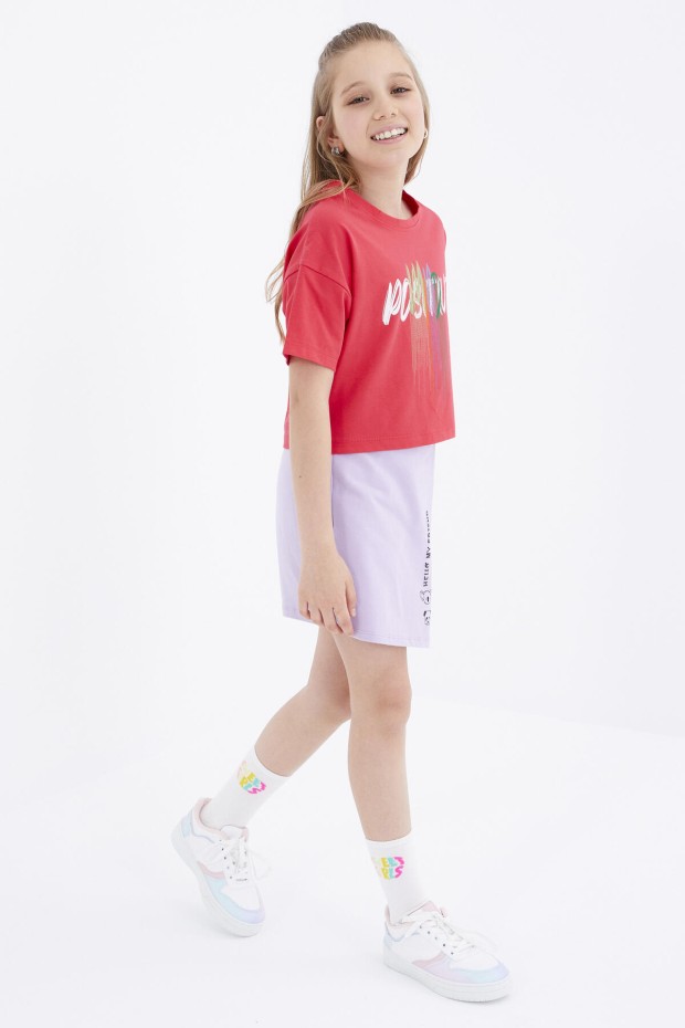 Rose Renkli Yazı Baskılı O Yaka Oversize Düşük Omuz Kız Çocuk Crop T-Shirt - 75036