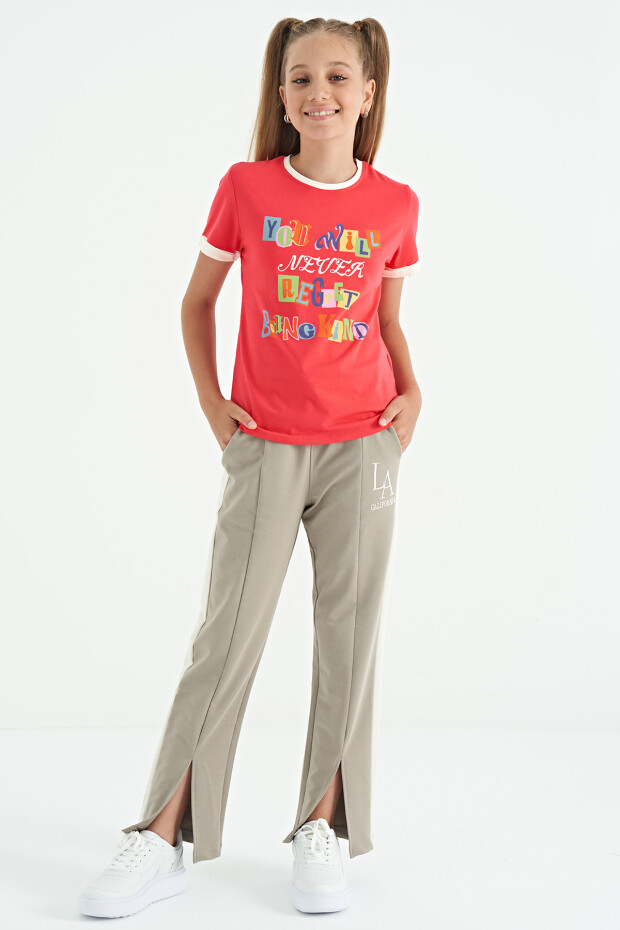 Rose Renkli Yazı Detaylı O Yaka Rahat Form Kız Çocuk T-Shirt - 75109