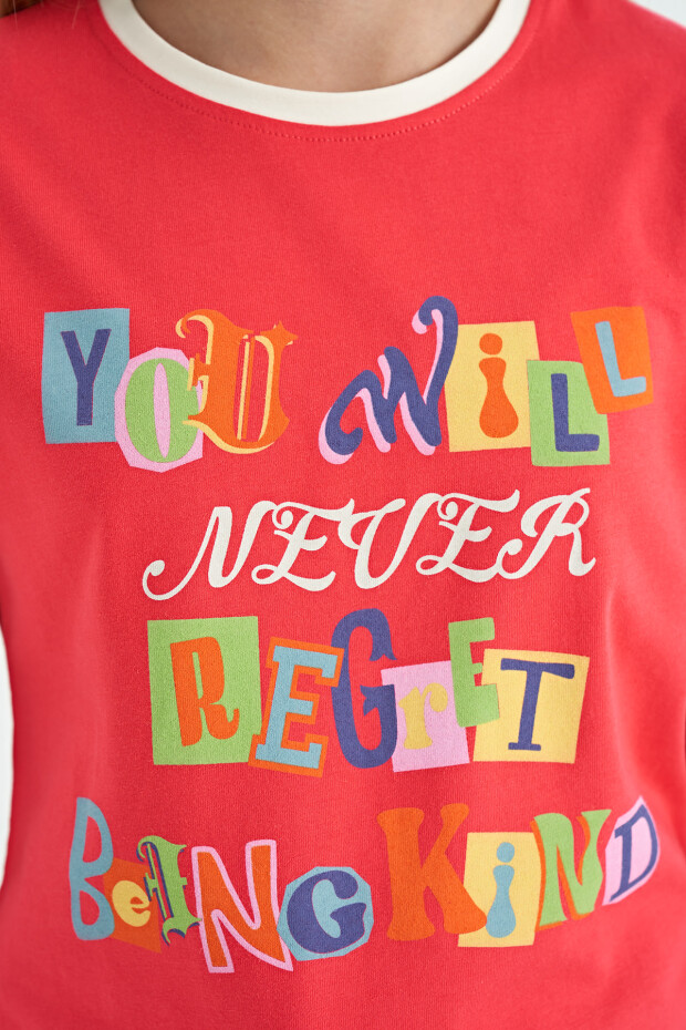 Rose Renkli Yazı Detaylı O Yaka Rahat Form Kız Çocuk T-Shirt - 75109