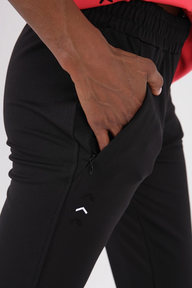 Rose - Siyah Fermuar Cepli Dalgıç Kumaş Standart Kalıp Jogger Kadın Eşofman Takımı - 95271