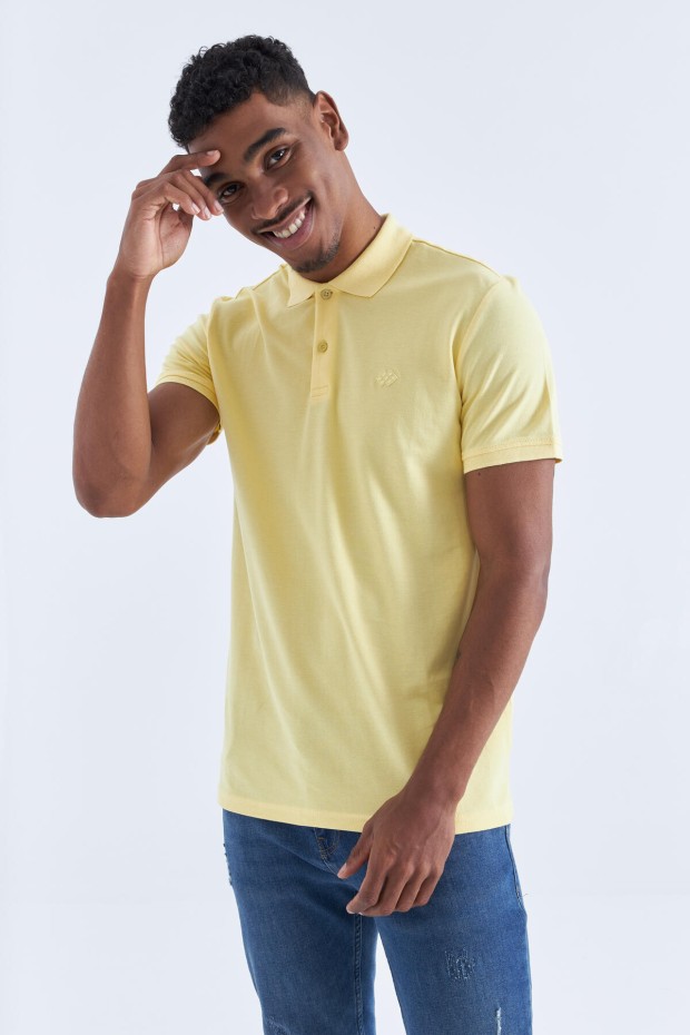 Sarı Basic Logolu Standart Kalıp Triko Polo Yaka Erkek T-Shirt - 87748