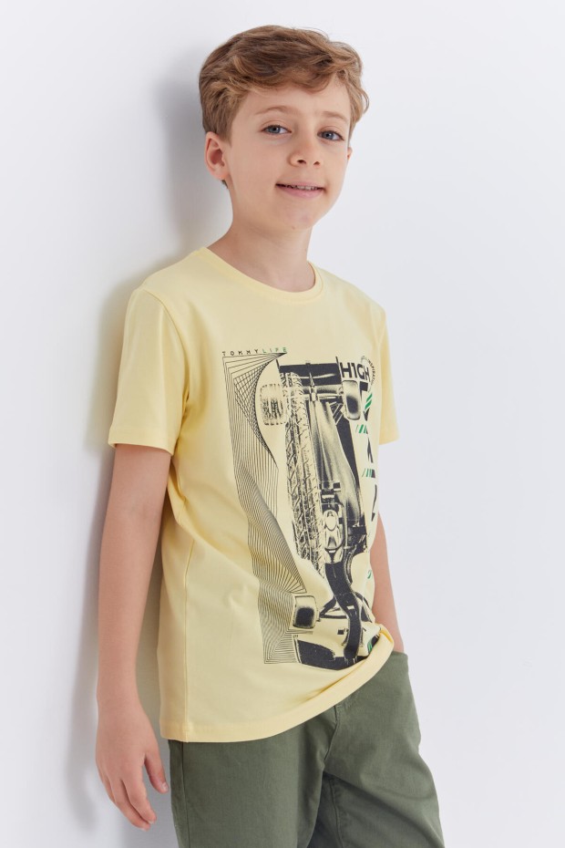 Sarı Baskılı Kısa Kol Standart Kalıp O Yaka Erkek Çocuk T-Shirt - 10866