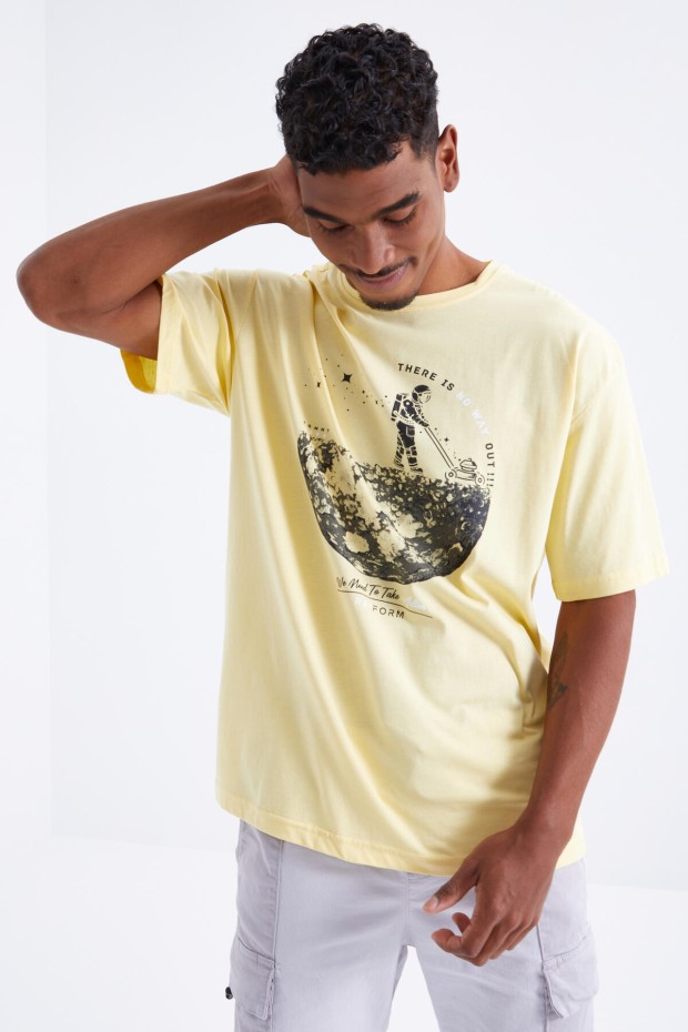 Sarı Baskılı O Yaka Erkek Oversize T-Shirt - 88098