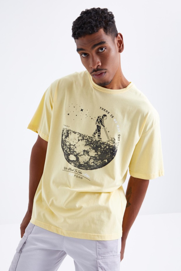 Sarı Baskılı O Yaka Erkek Oversize T-Shirt - 88098