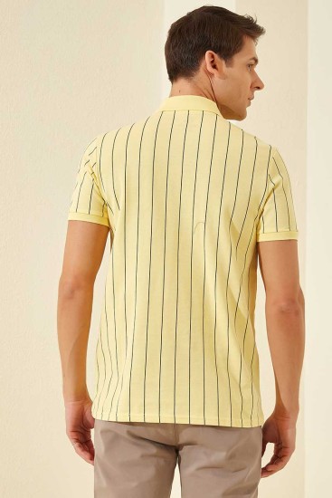 Sarı Çizgili Kısa Kol Standart Kalıp Polo Yaka Erkek T-Shirt - 87797 - Thumbnail
