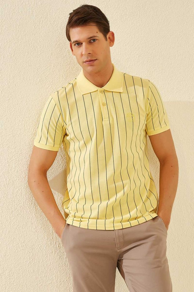 Sarı Çizgili Kısa Kol Standart Kalıp Polo Yaka Erkek T-Shirt - 87797