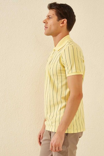 Sarı Çizgili Kısa Kol Standart Kalıp Polo Yaka Erkek T-Shirt - 87797 - Thumbnail
