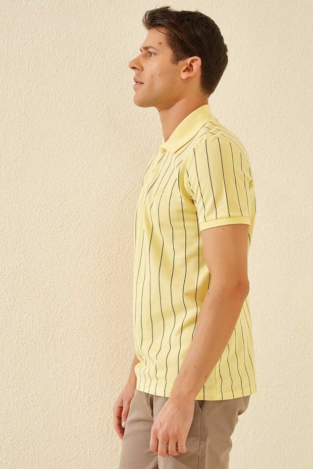 Sarı Çizgili Kısa Kol Standart Kalıp Polo Yaka Erkek T-Shirt - 87797