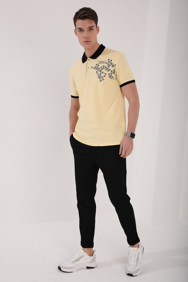 Sarı Altıgen Desen Baskılı Standart Kalıp Polo Yaka Erkek T-Shirt - 87928