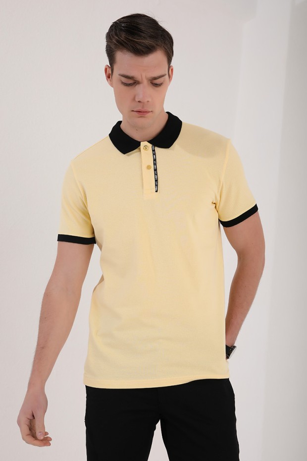 TommyLife - Sarı Basic Çift Düğmeli Standart Kalıp Polo Yaka Erkek T-Shirt - 87944