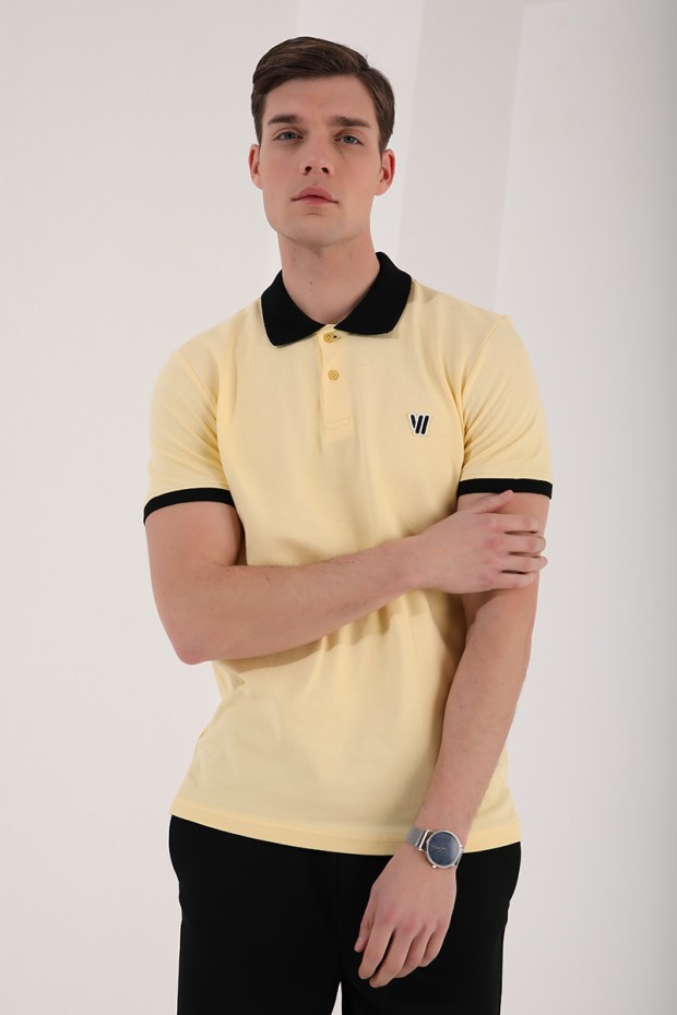 TommyLife - Sarı Basic Göğüs Logolu Standart Kalıp Polo Yaka Erkek T-Shirt - 87938