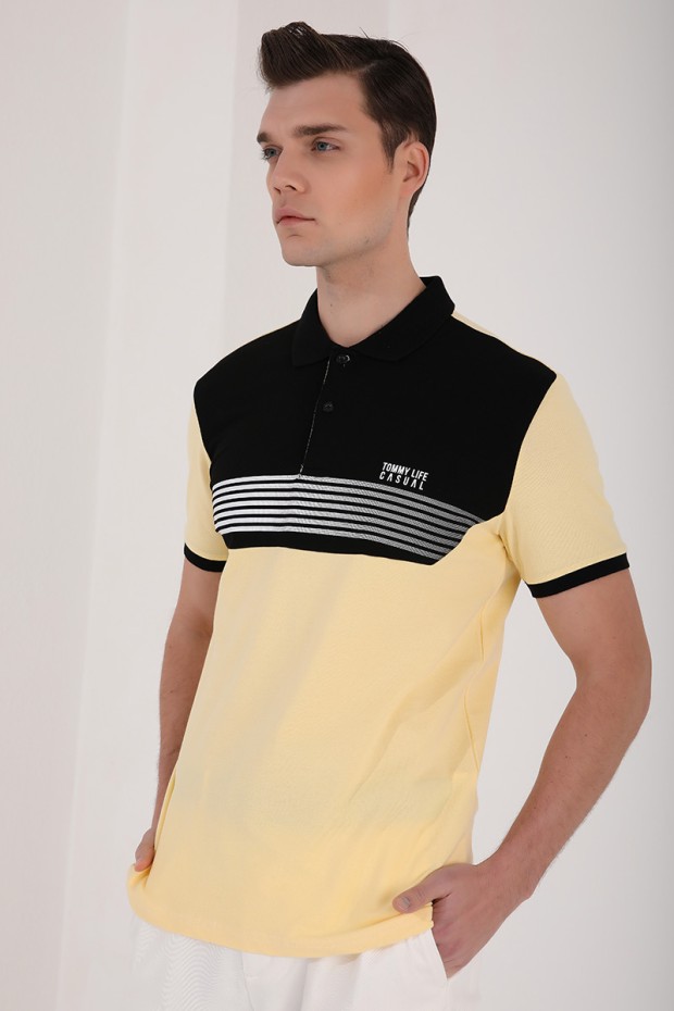 TommyLife - Sarı Çift Renk Göğüs Baskılı Standart Kalıp Triko Polo Yaka Erkek T-Shirt - 87939