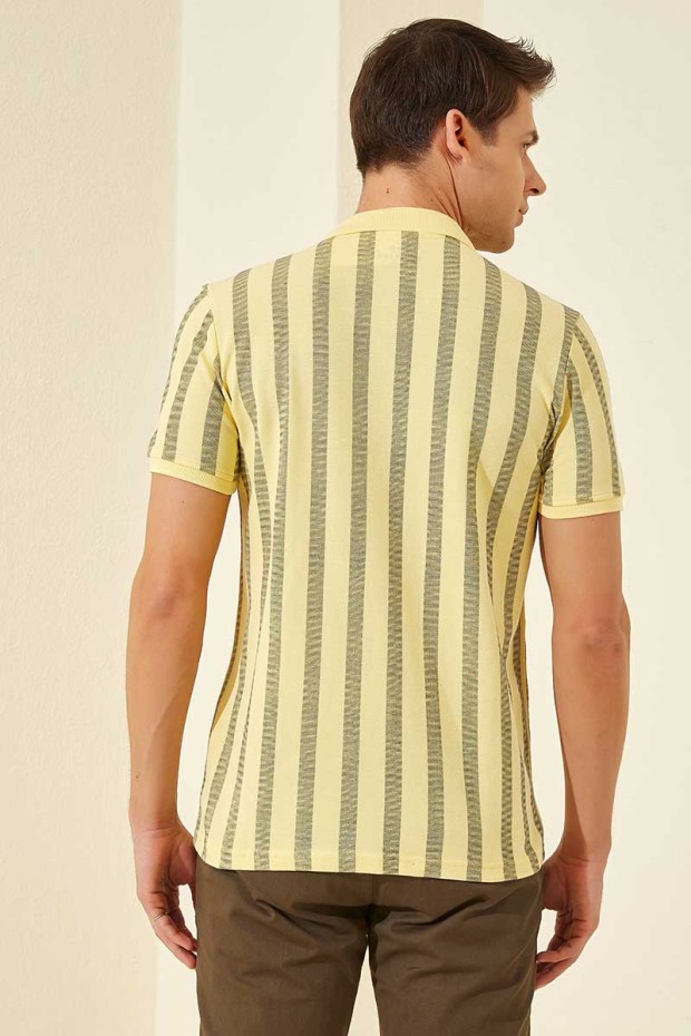 Sarı Desen Çizgili Standart Kalıp Polo Yaka Erkek T-Shirt - 87805